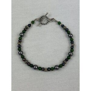 Handcrafted Green Silver Grey Beaded Bracelet Toggle Clasp